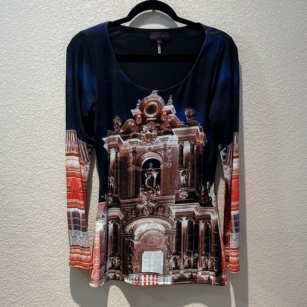 Hale Bob Black and Red Architectural Print Long Sleeve Top size medium
